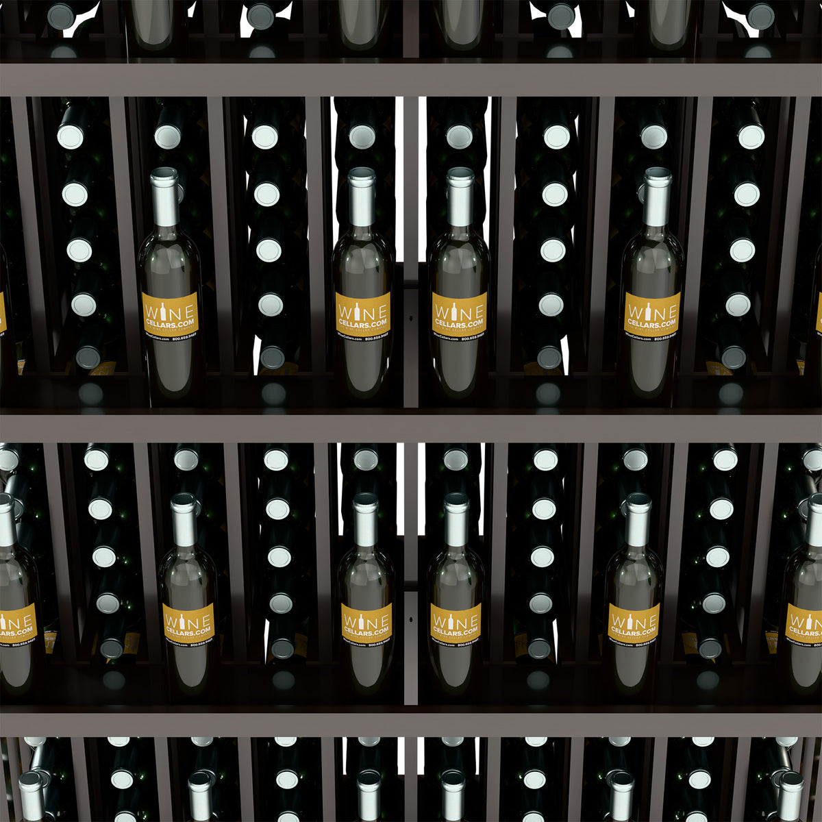 Close-up view of wine bottles in wall display slots on two shelf levels