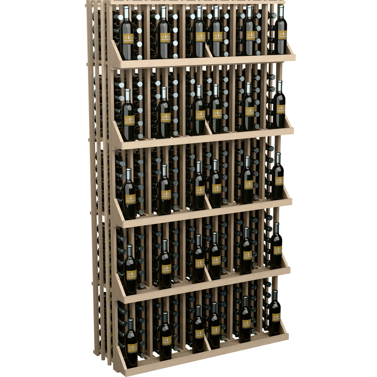 Wine bottle wall display with 5 shelves, light wood slats and rows of bottles