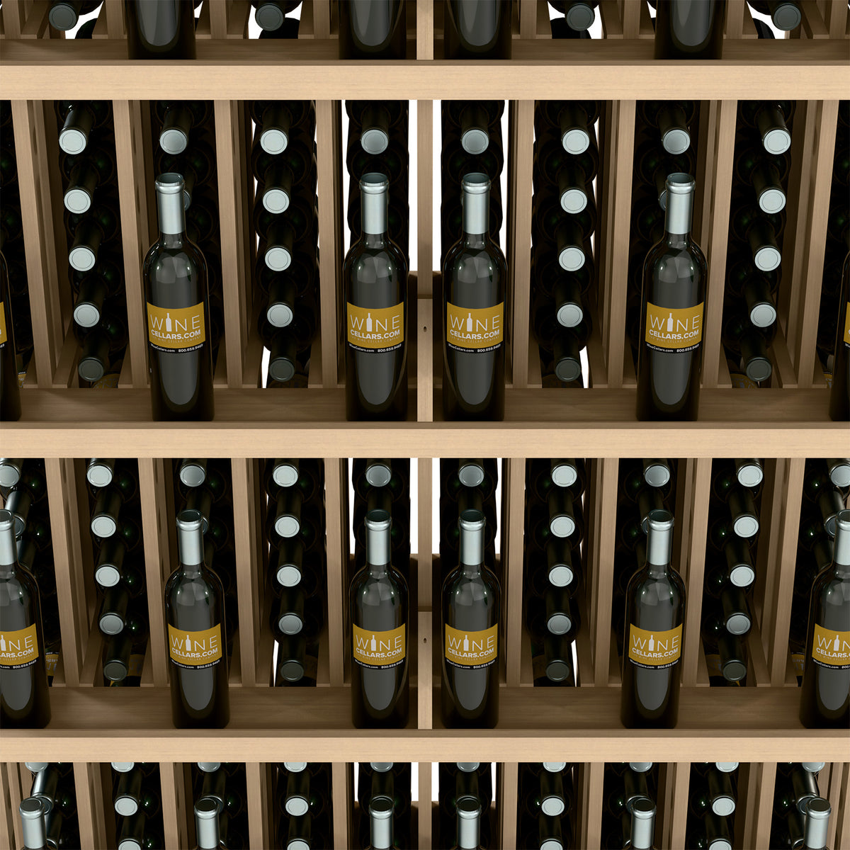 Wine bottle display shelf close-up with light wood dividers and bottles