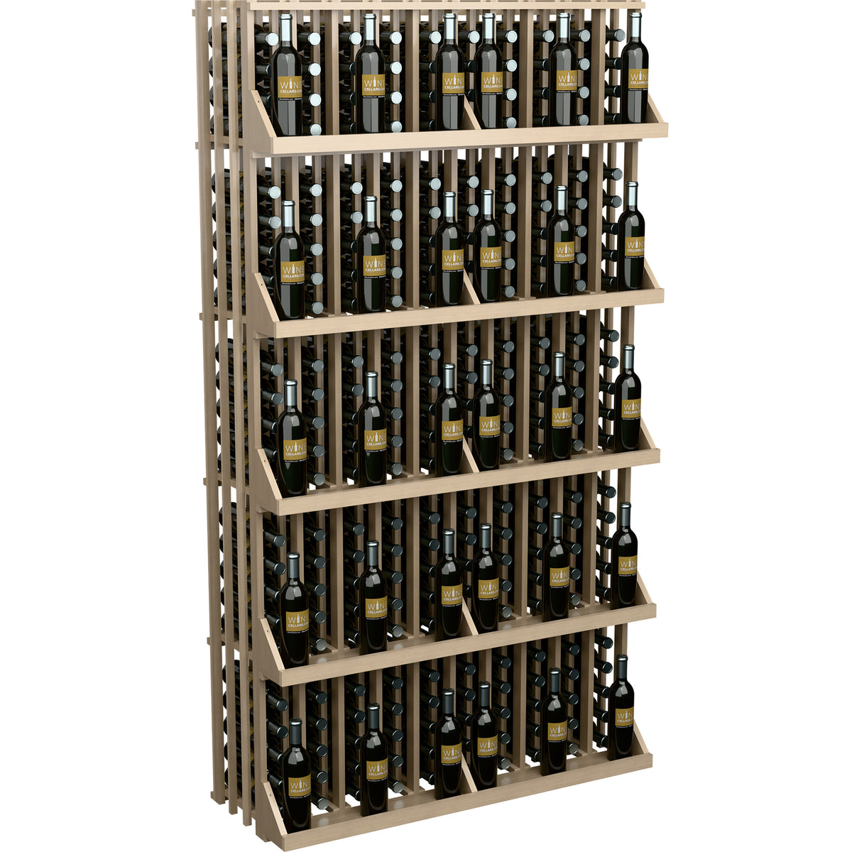 Light wood wine bottle wall display with 5 shelves and tightly packed bottles