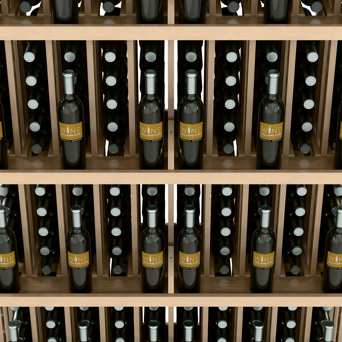Close-up of light wood wine bottle display with rows of bottles behind dividers