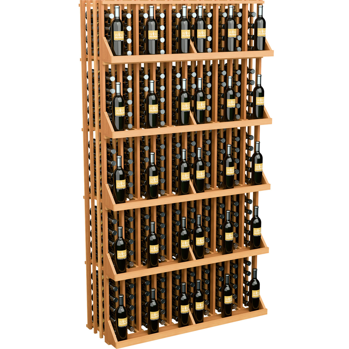 Wine bottle wall display with 5 shelves, natural light wood frame and bottle rows