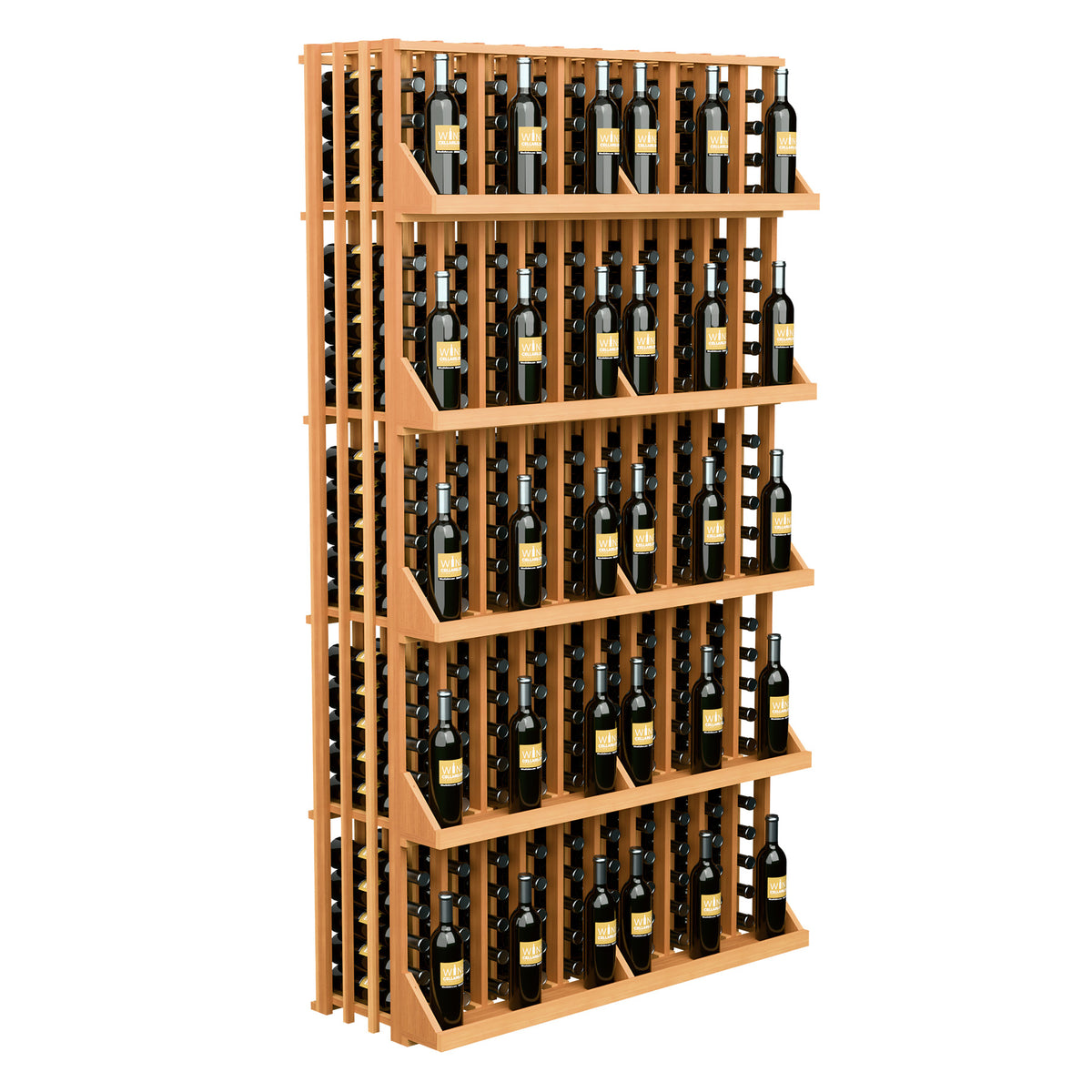 Tall light wood wine bottle display rack with five shelves and front bottle openings