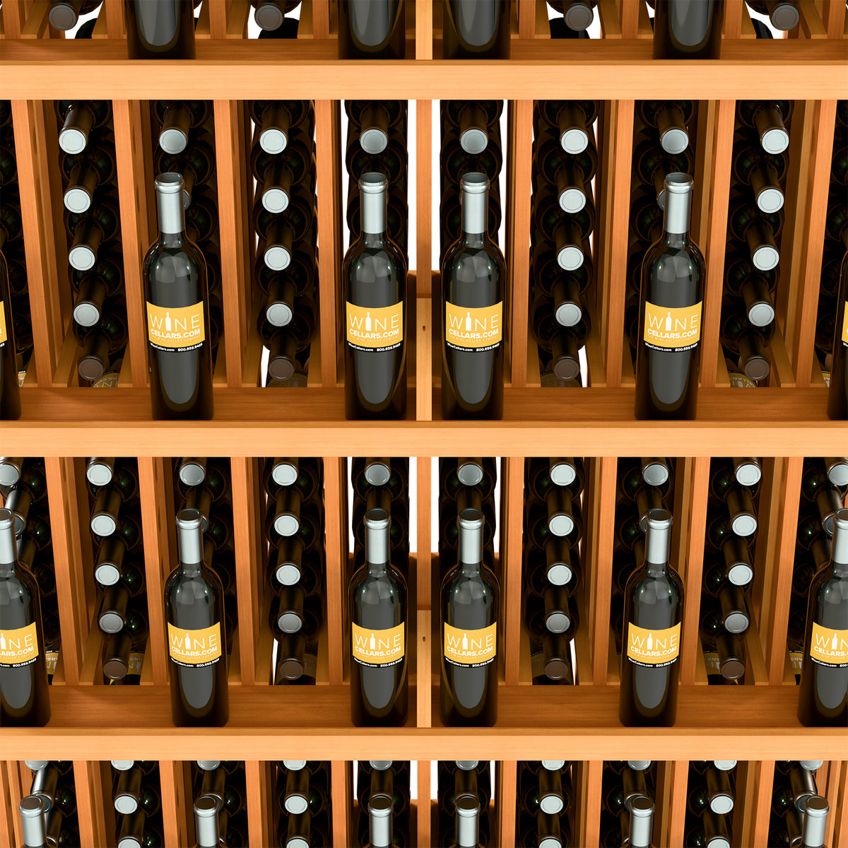 Wine bottle display shelf close-up with warm wood dividers and neatly arranged bottles