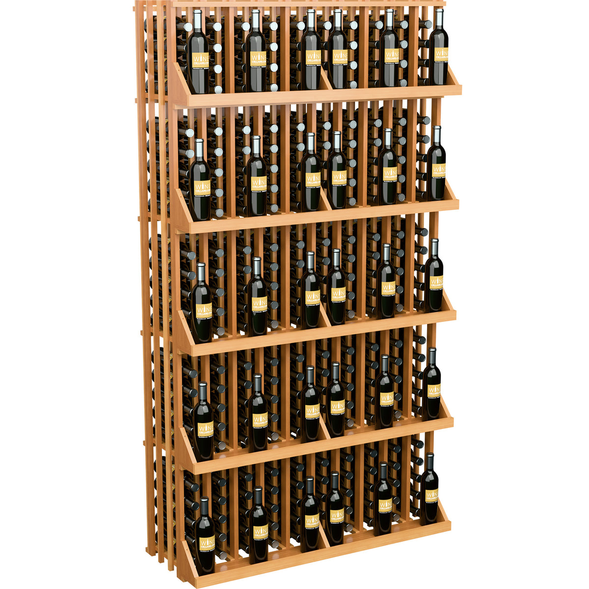 Light wood wine bottle wall display with 5 shelves showing bottle slots and dividers