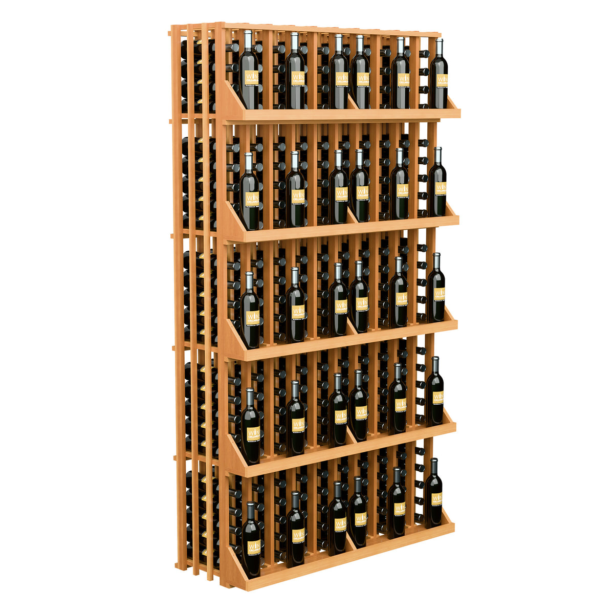 Light wood wine bottle wall display with 5 shelves and bottle storage grid