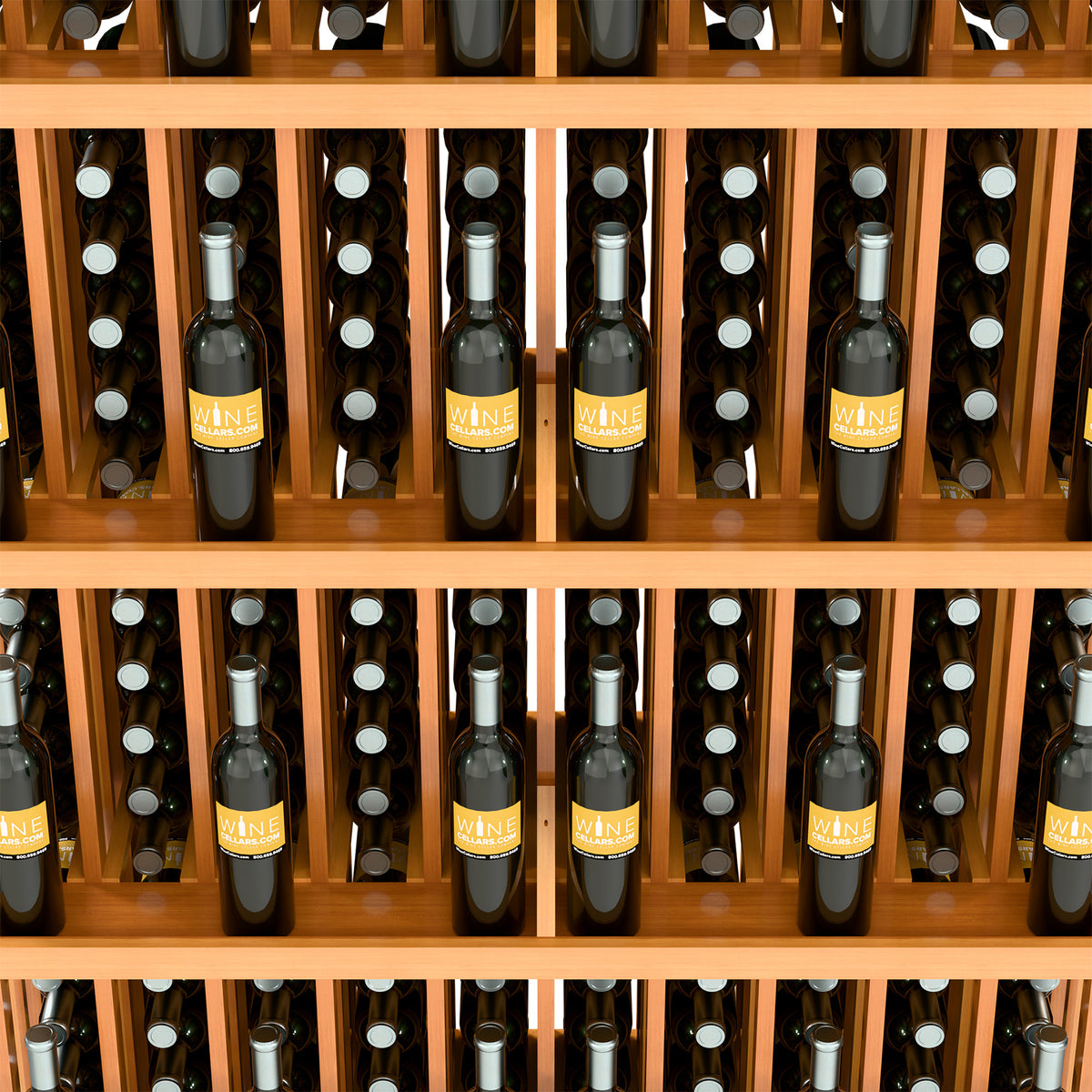 Wall wine bottle display rack with five shelves, bottles in individual slots