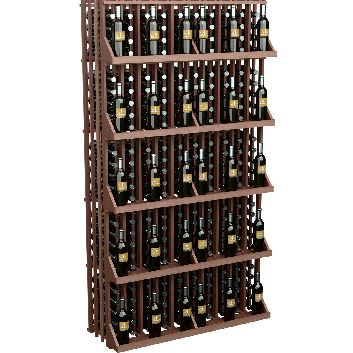 Wine bottle wall display with 5 shelves, dark wood slat back and bottle rows