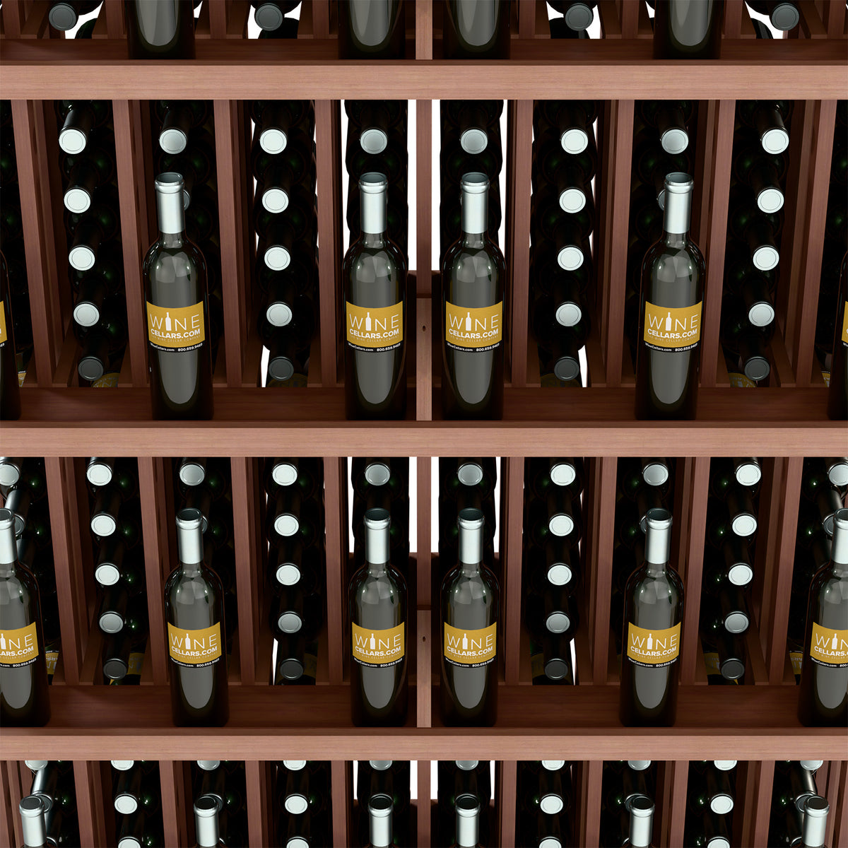 Wine bottle display shelf close-up with medium warm wood dividers and bottles