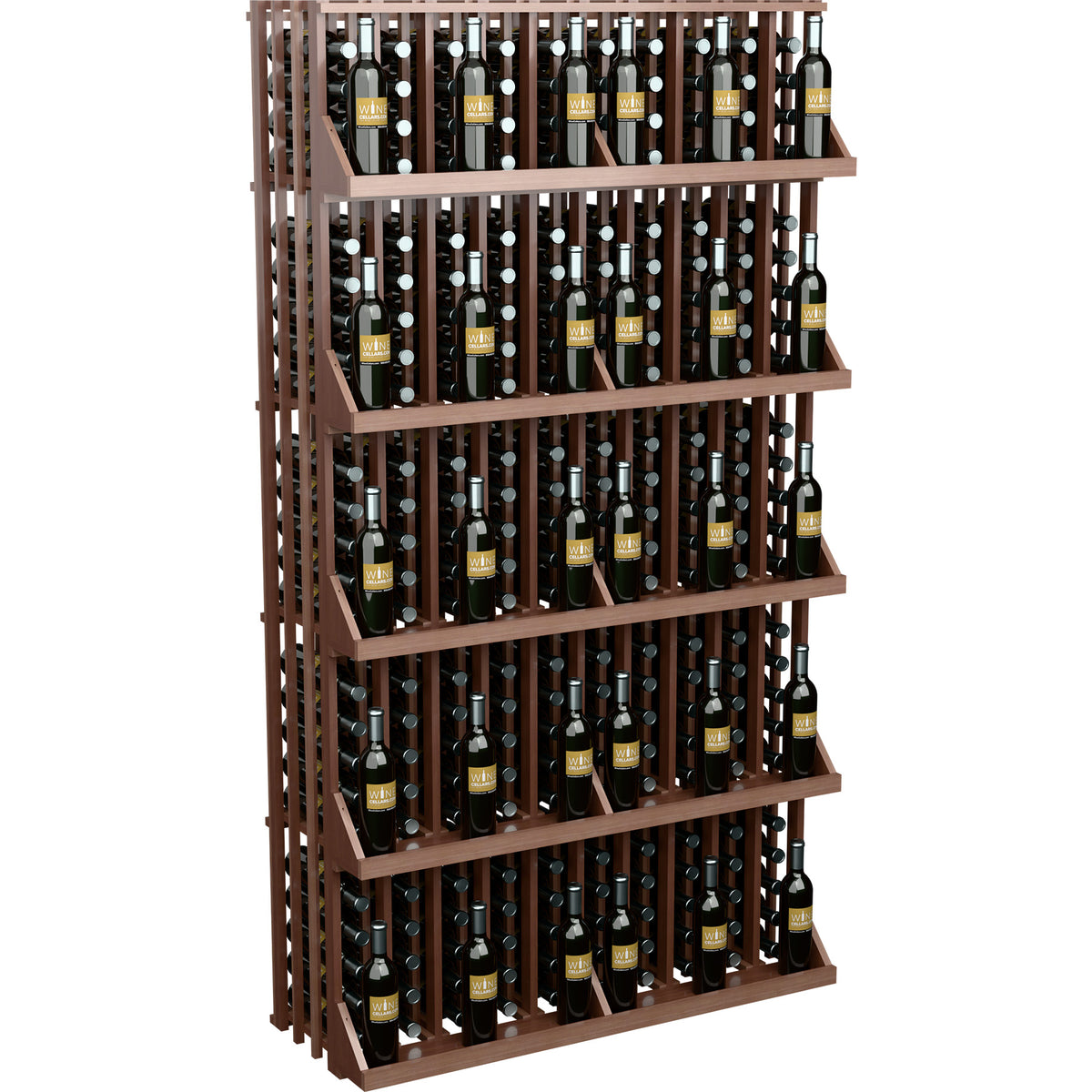 Commercial wall-mounted wine bottle display rack with five wooden shelves