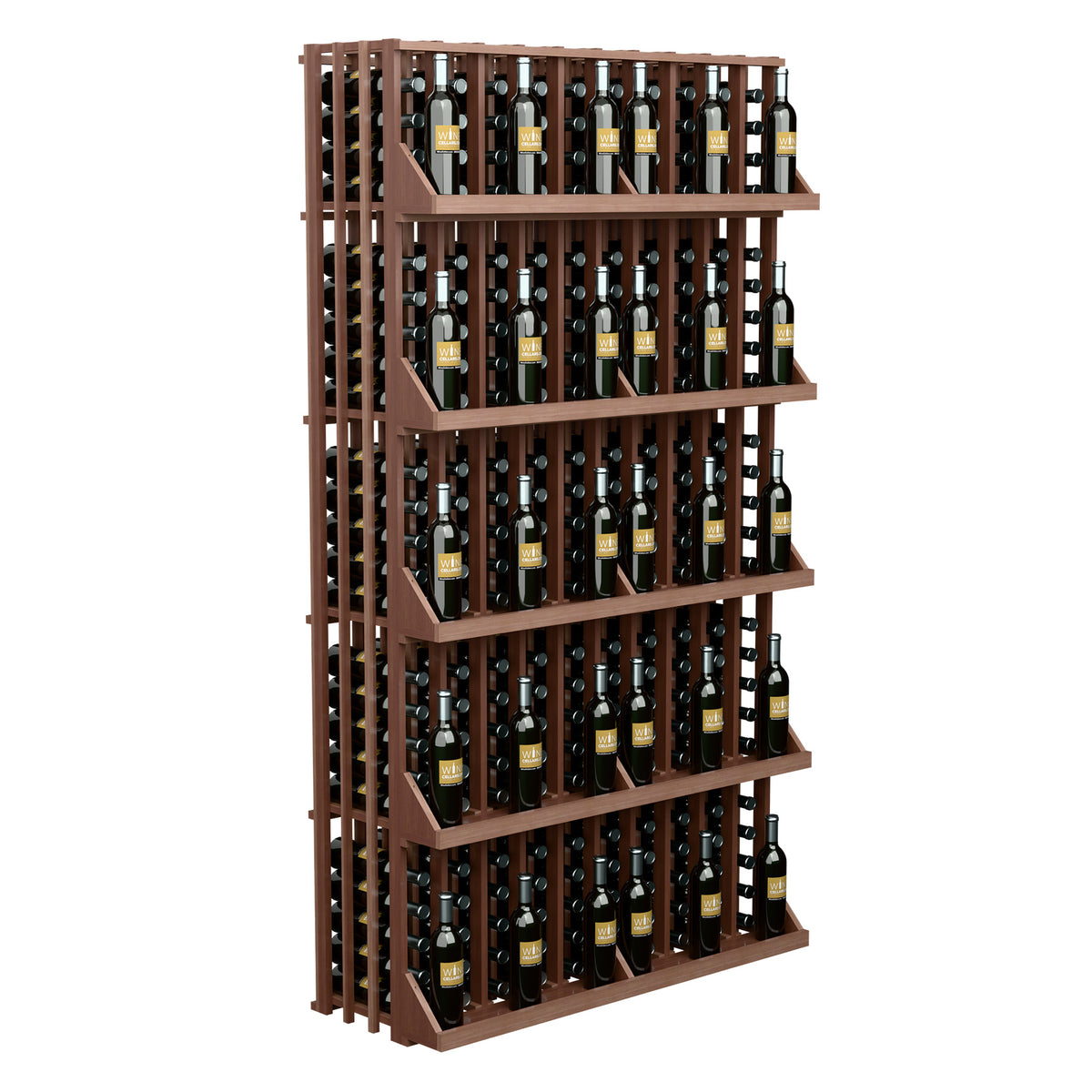 Five-shelf wall wine bottle display rack holding bottles in vertical slots