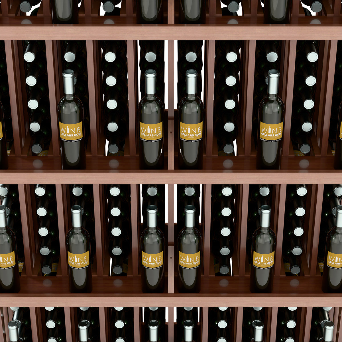 Close-up of wall wine bottle display with five shelves and bottle storage compartments