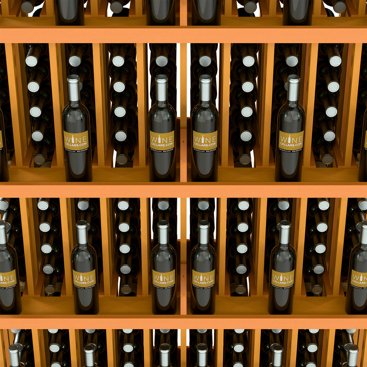 Wine bottle display shelf close-up with golden wood dividers and bottle rows