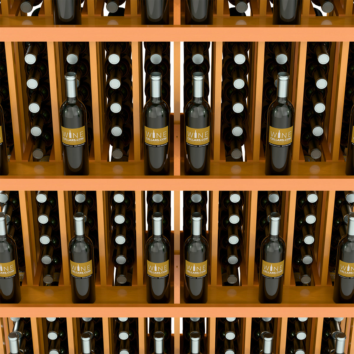 Close-up of wine bottle display shelves with bottles seated in front slots