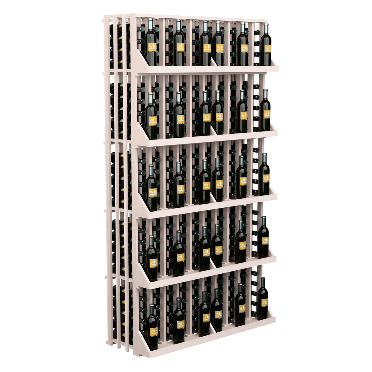 Light wood wine bottle display rack with slatted frame and 5 open shelf levels
