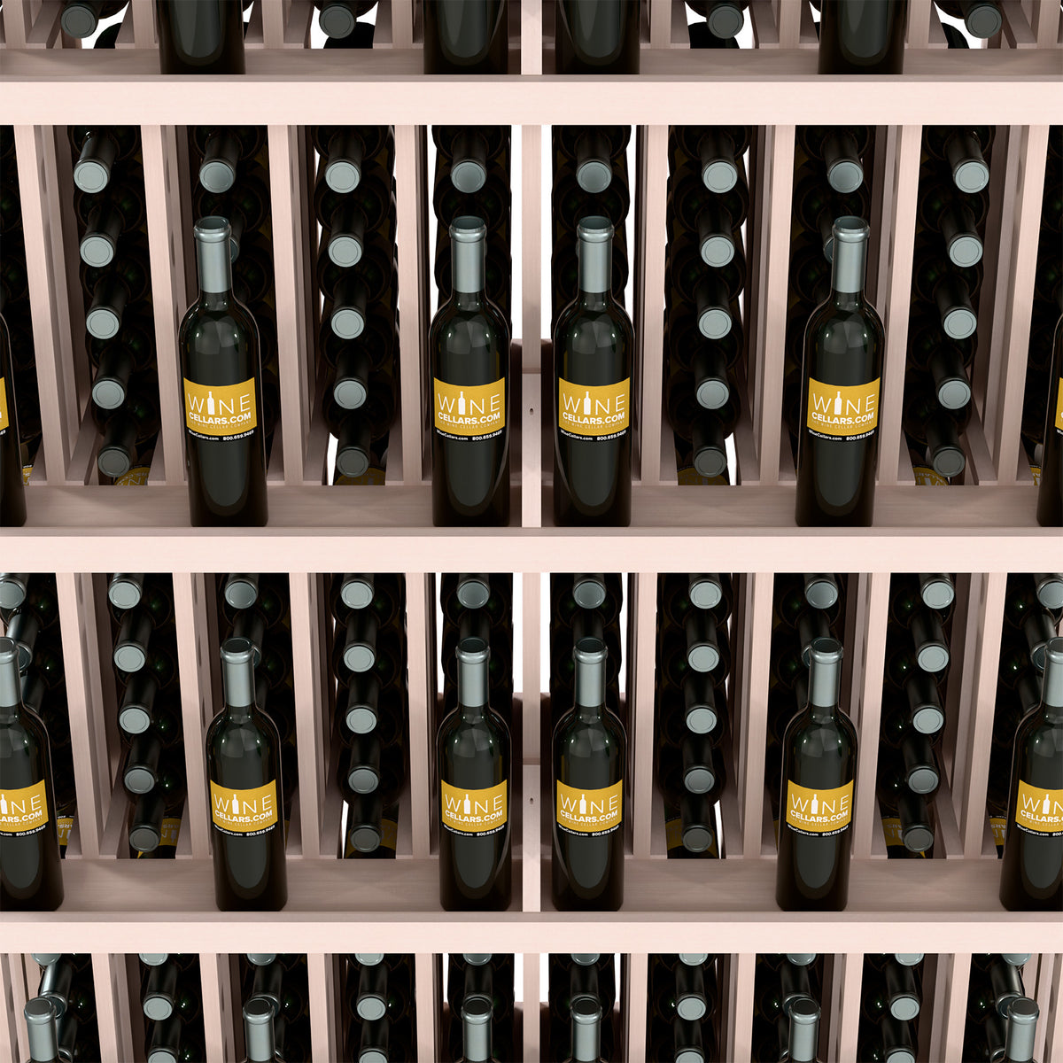 Wine bottle display shelf close-up with pale wood dividers and bottle rows