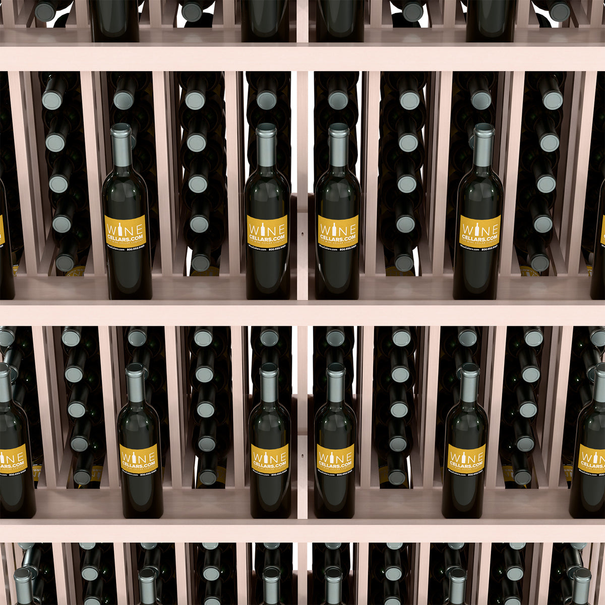 Close-up of wall wine bottle display showing bottles in five shelf rows