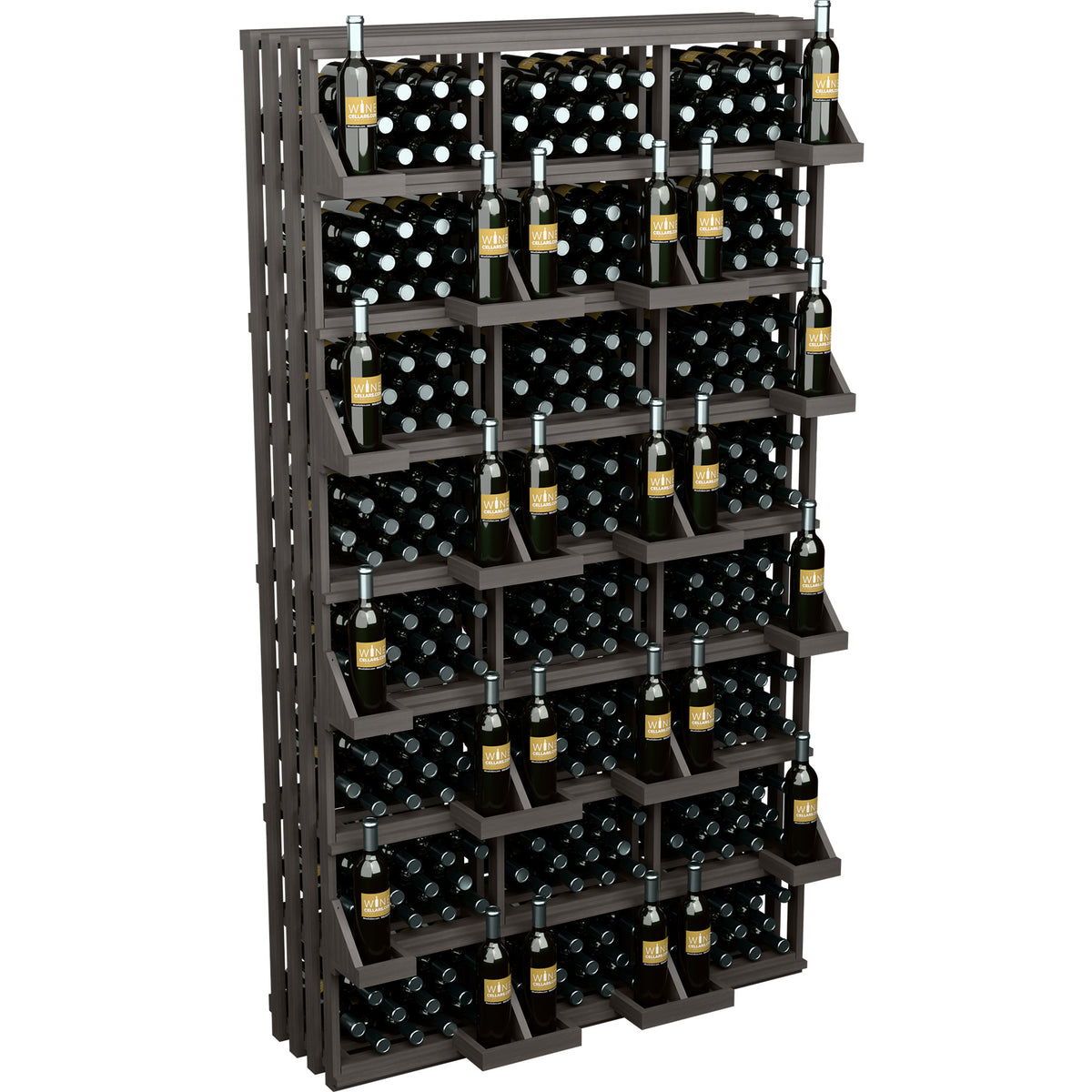 Dark brown wooden 312-bottle wine display rack with grid shelves holding bottles