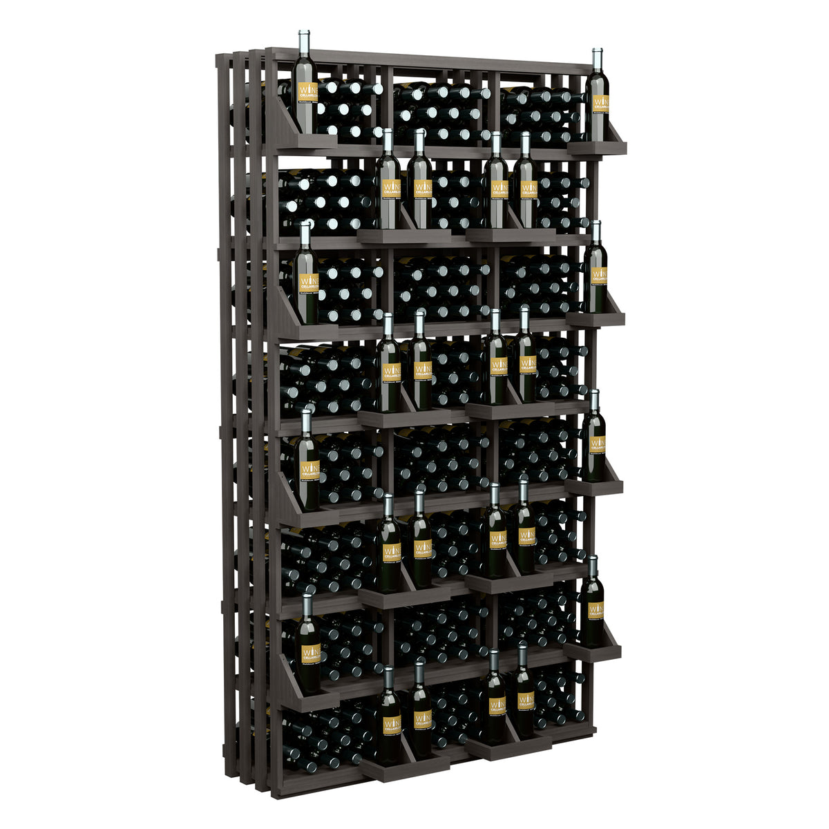 Dark wooden 312-bottle wine display rack with grid shelves holding bottles