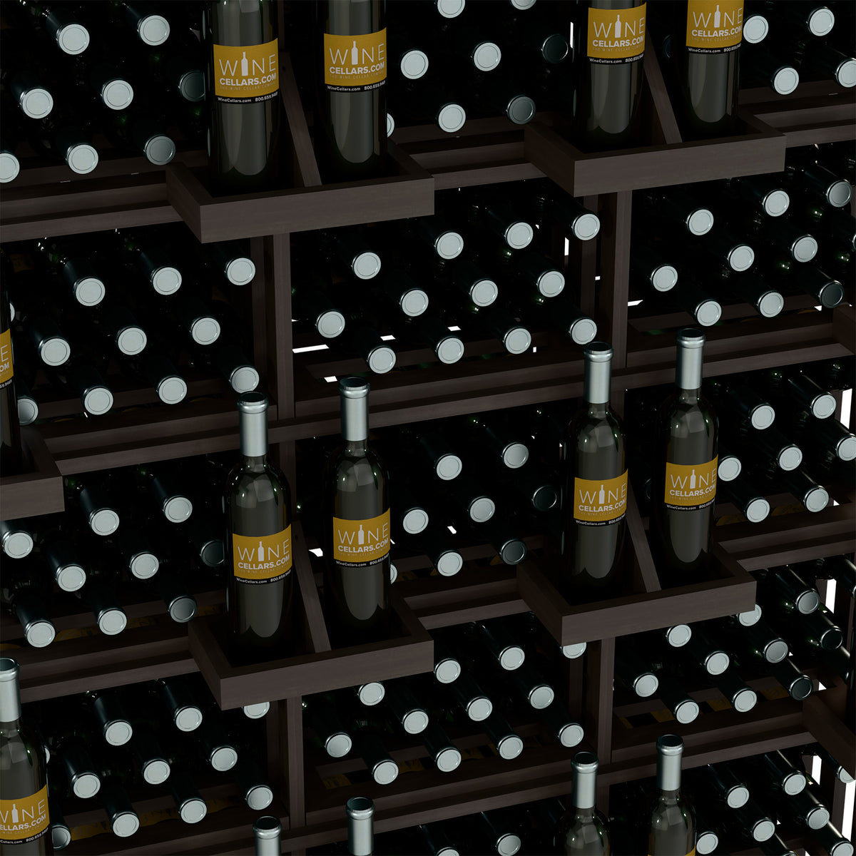 Close-up of bottle wall display shelves with black bottles and gray cap labels
