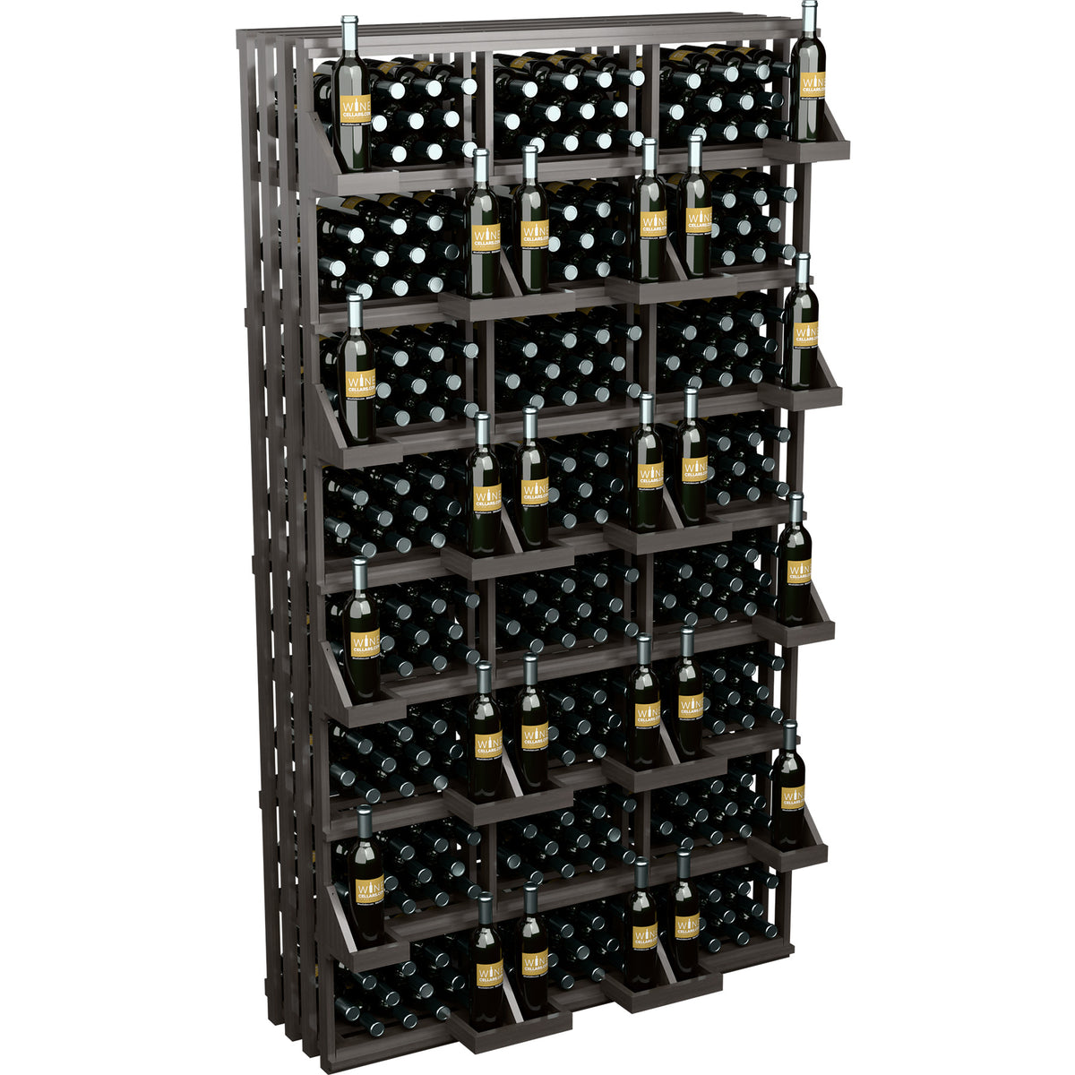 Dark wall-mounted wine bottle display rack with multiple rows of capped bottles