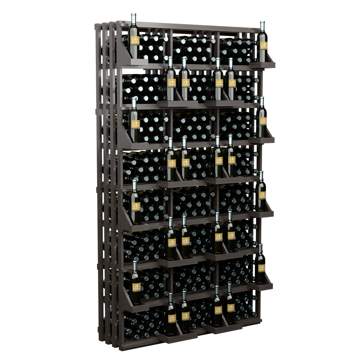 Dark wine bottle storage wall rack with stacked tiers and capped bottles