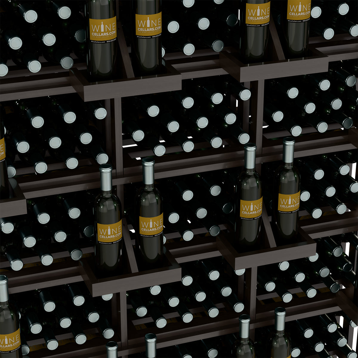 Close-up of wine bottle wall rack with capped bottles in grid-style rows