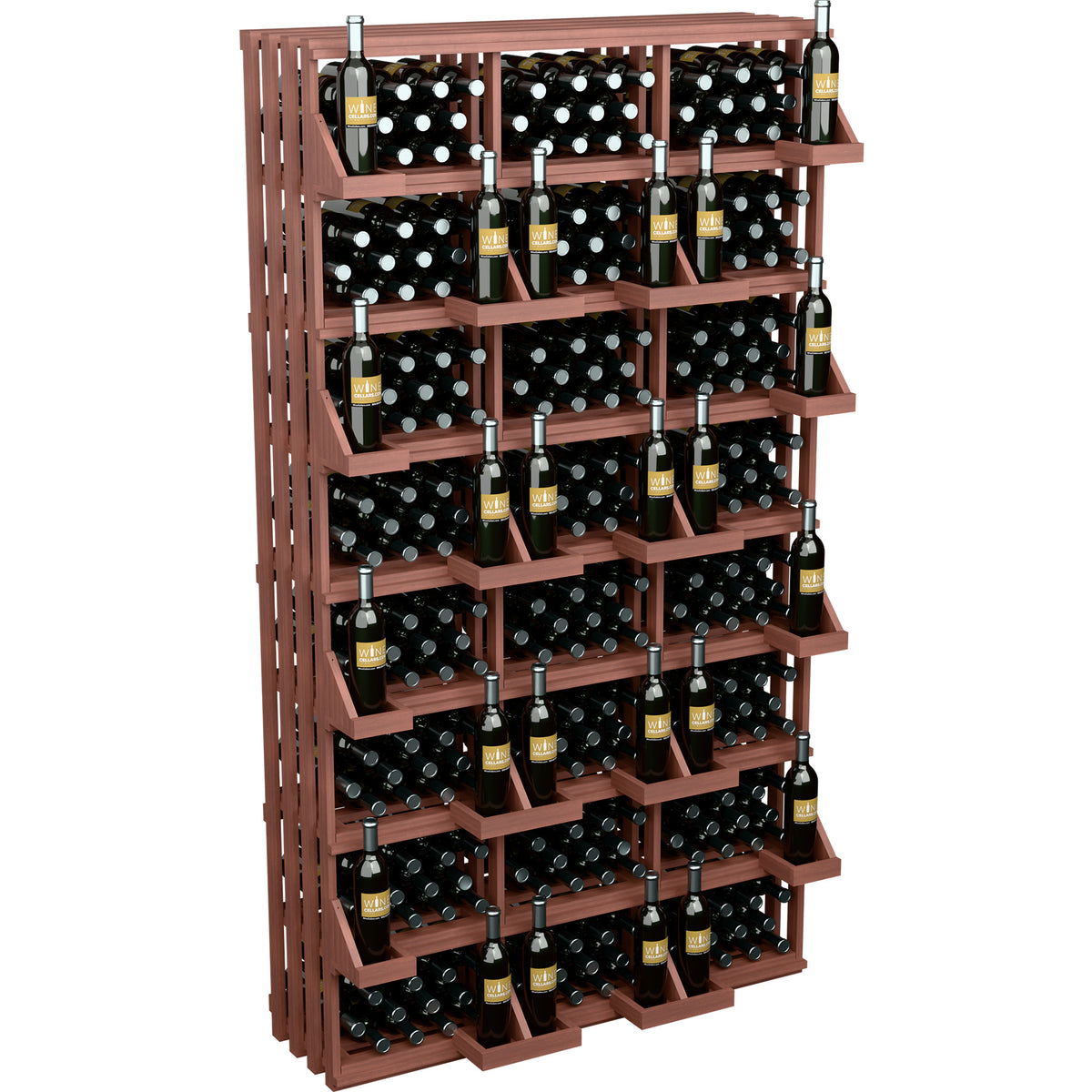 312-bottle commercial wall wine display in reddish wood with stacked shelves for bottles