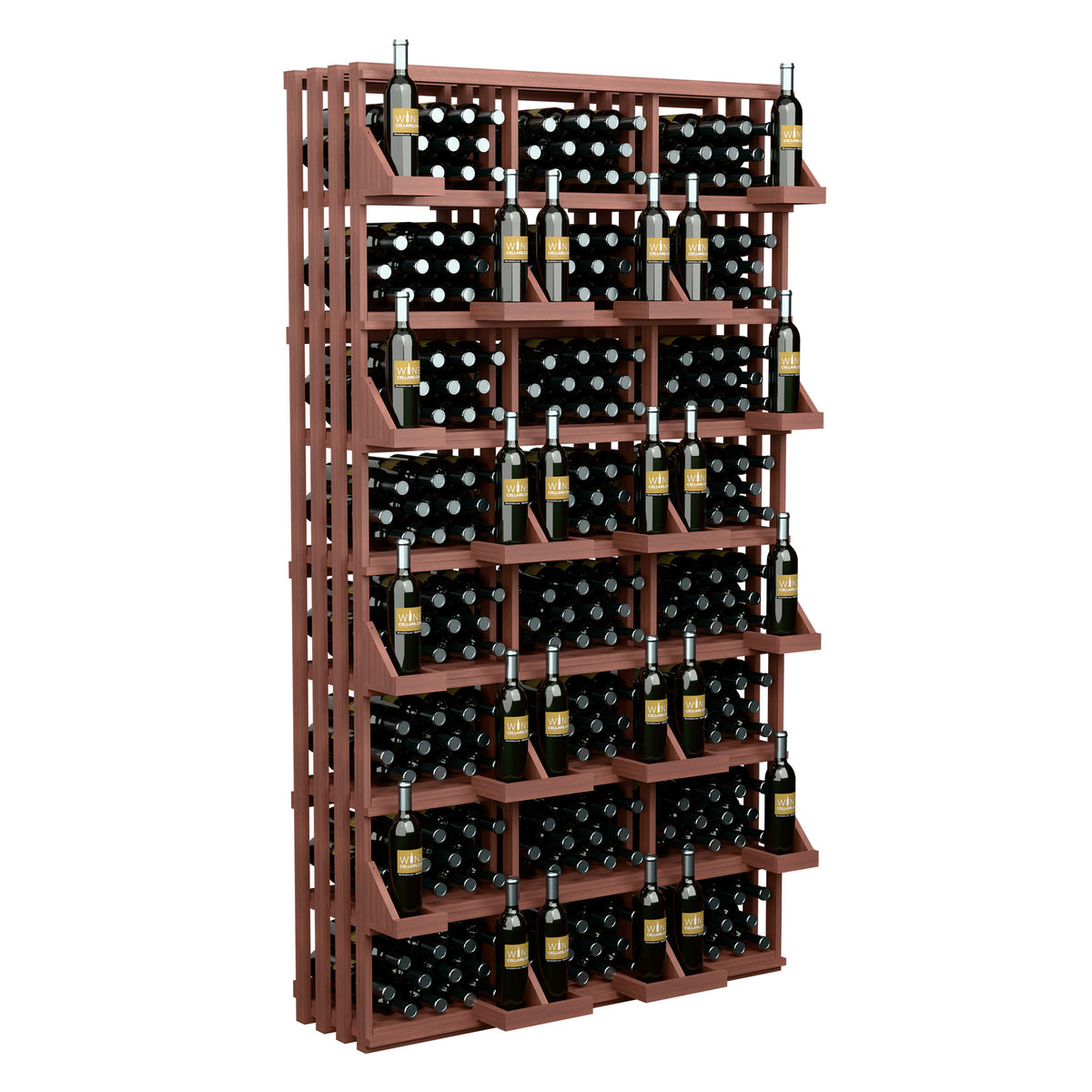 Red-brown wood wine bottle wall display with bulk bins, holding rows of capped bottles.