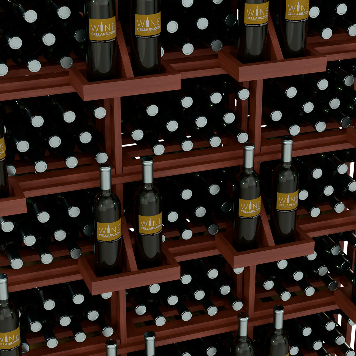 Wood wine bottle wall display with open shelves, filled with dark bottles