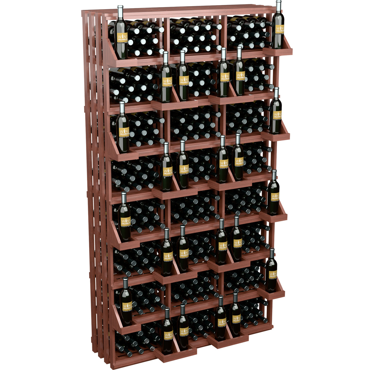 Red-brown wall-mounted wine bottle display rack with stacked tiers of capped bottles