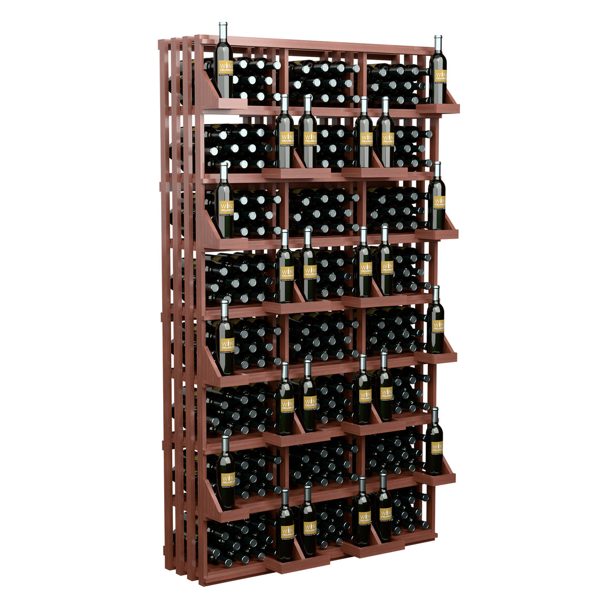 Red-brown wine bottle storage wall rack with multiple shelf tiers and bottles