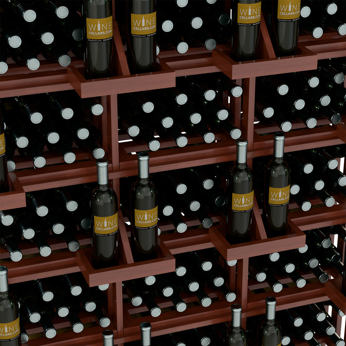 Close-up of red-brown wine bottle rack showing capped bottles in square openings
