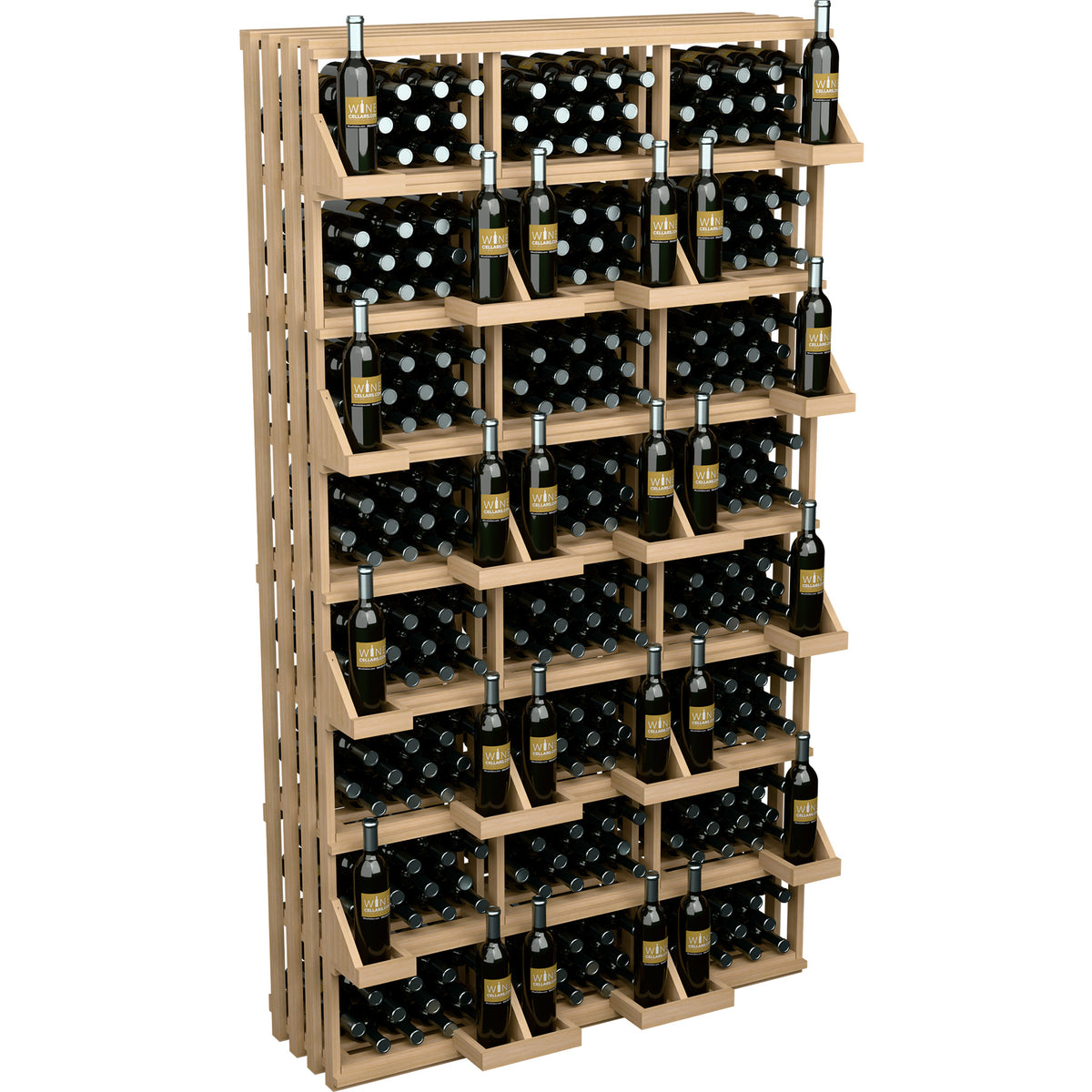 Wood wine bottle wall display with multiple open shelves, filled with assorted bottles