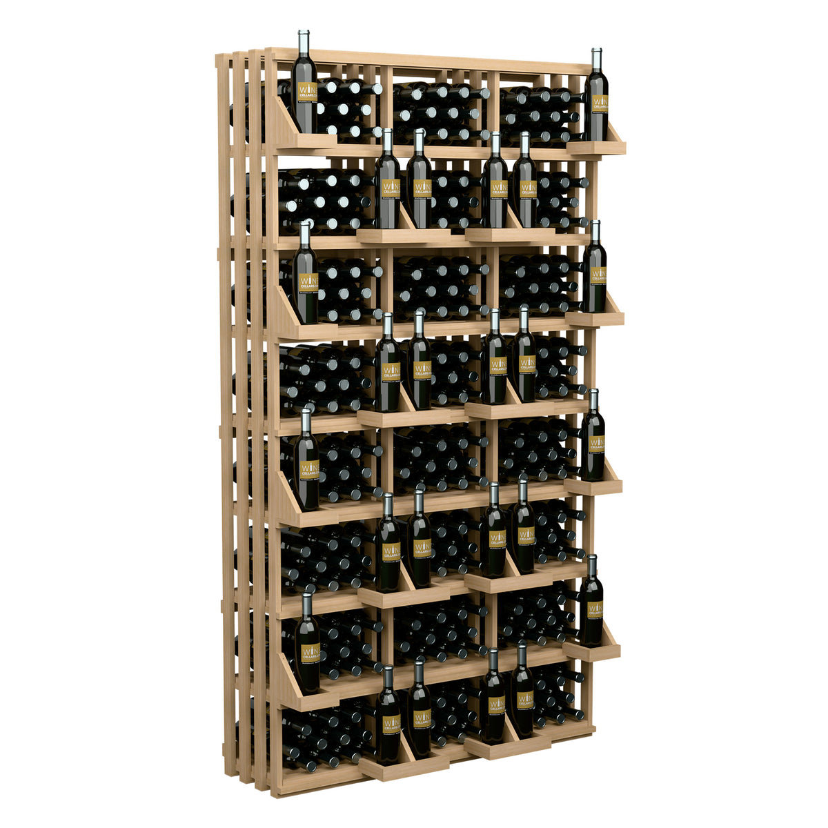 Light wood wine bottle display rack with stacked rows of wine bottles