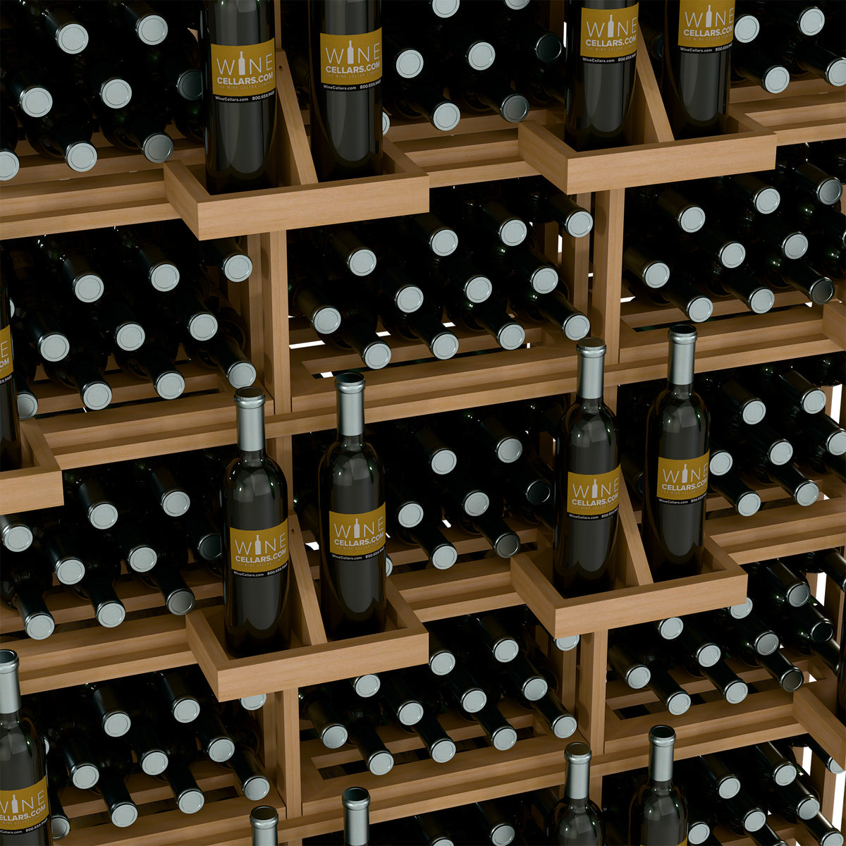 Natural wood wine wall rack with rows of bottles in bulk bin slots on shelves