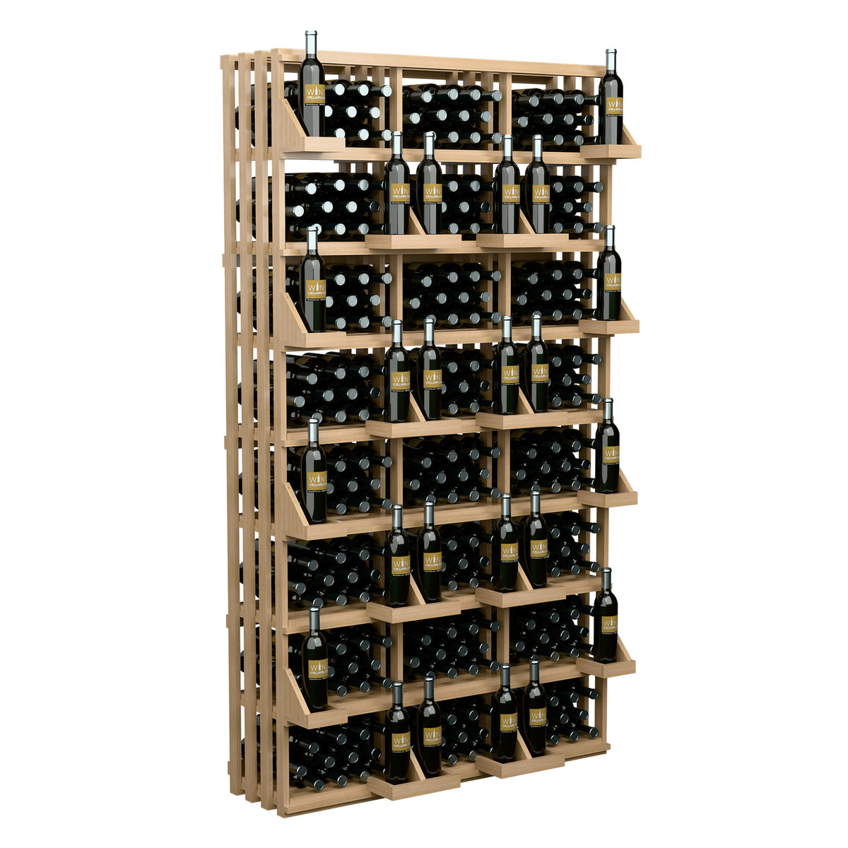 Light wood wine bottle storage wall rack with tiers holding capped bottles