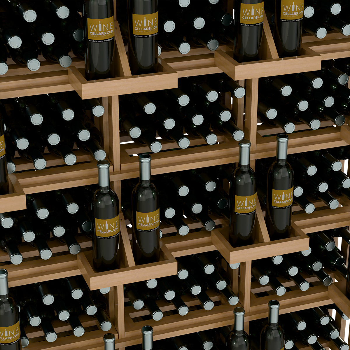 Close-up of light wood wine bottle rack with capped bottles on tiered shelves