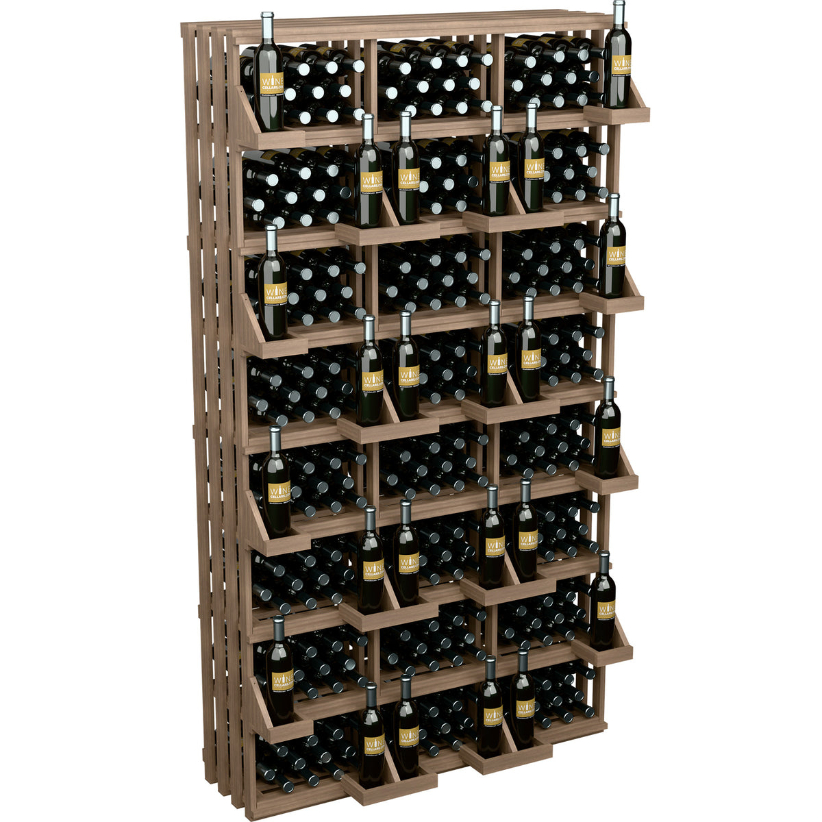 312-bottle commercial wall wine display in dark wood with rows of bottle slots