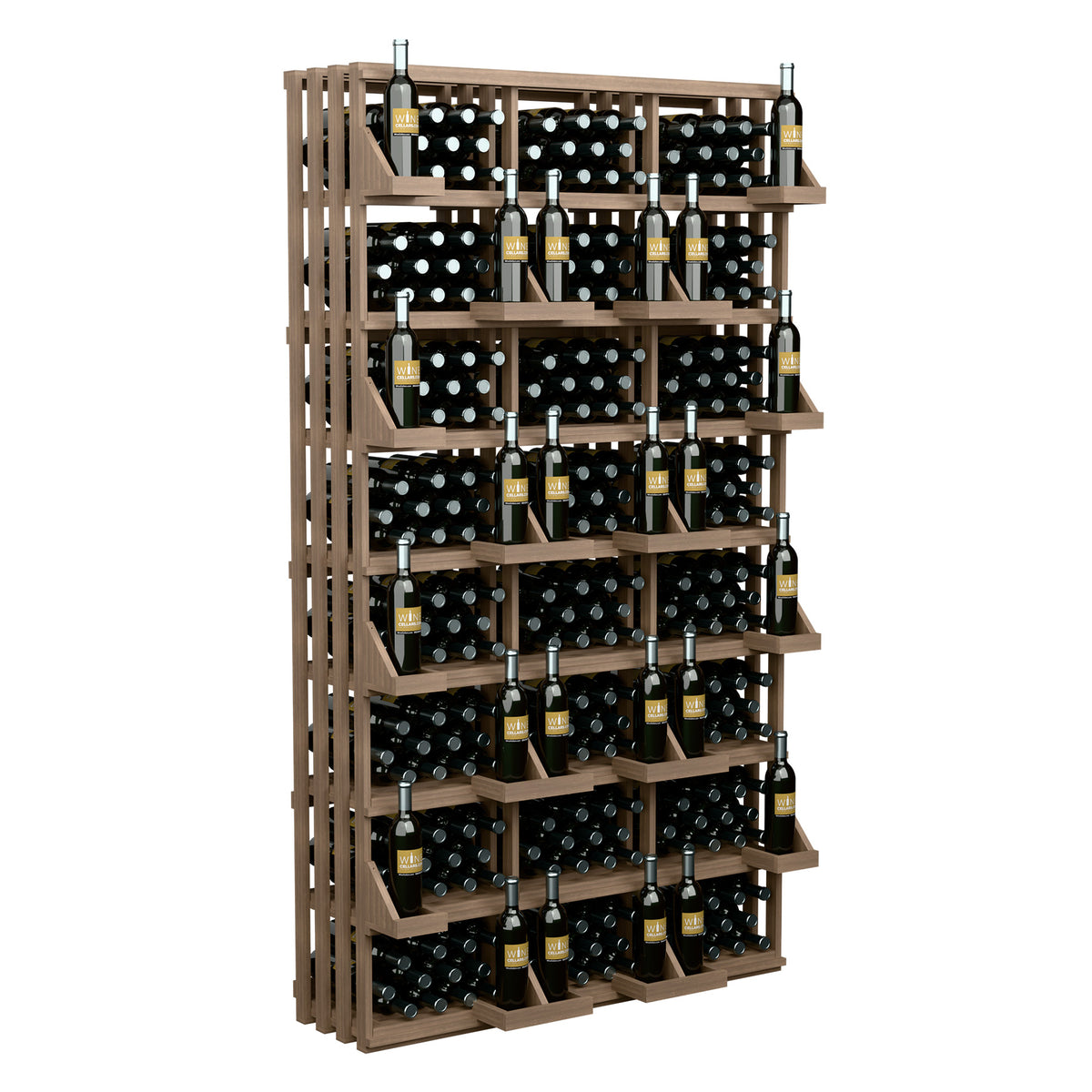 Medium brown wooden 312-bottle wine display rack with grid shelves holding bottles