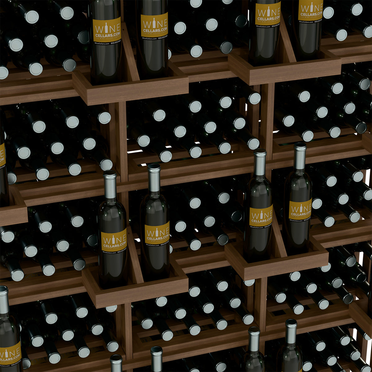 Light wood wine bottle display rack close-up with stacked shelves and bottles