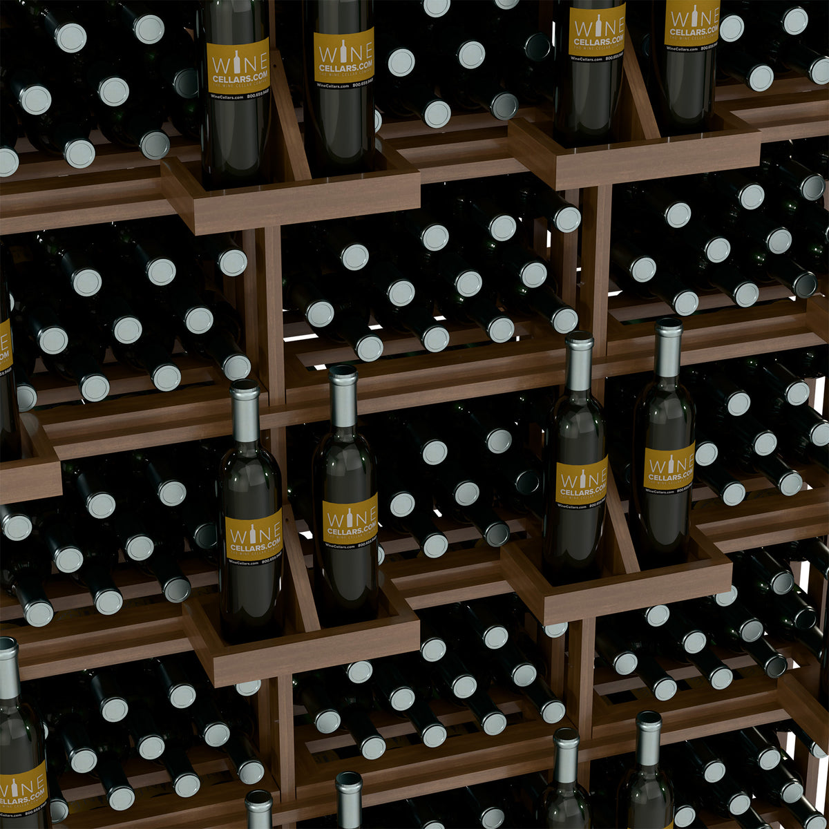 Close-up of wooden wine bottle display with dark bottles on slatted shelves.