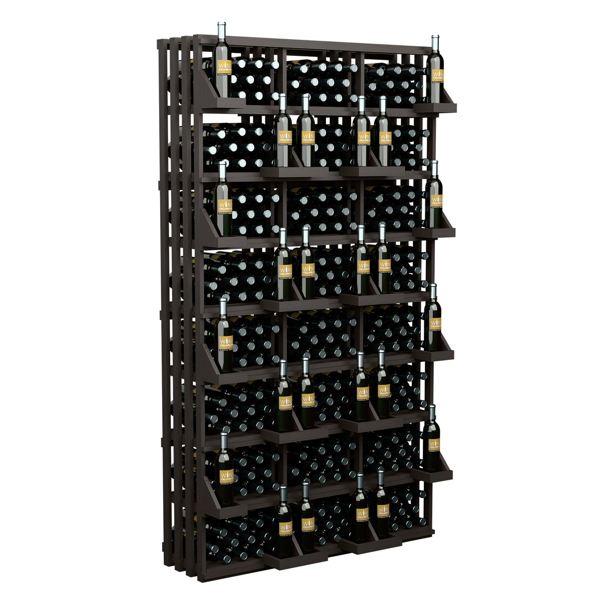 Black commercial wall wine display rack with grid shelves holding bottles in rows