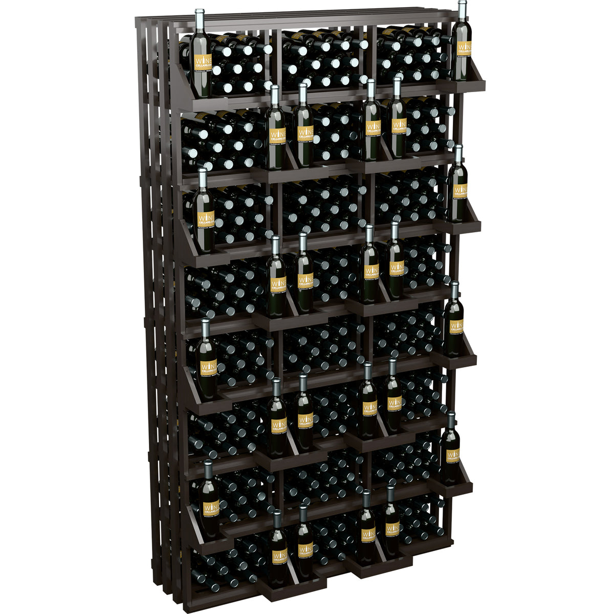 Dark wooden wine bottle wall display rack with multiple rows of black bottles.