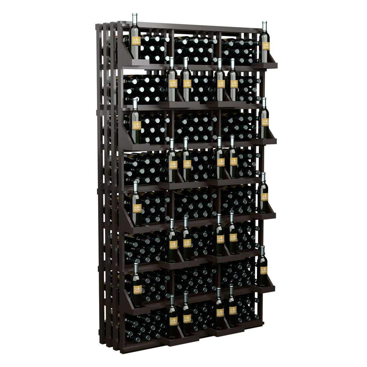 Dark wood wine bottle display rack with wire holders and rows of black bottles.