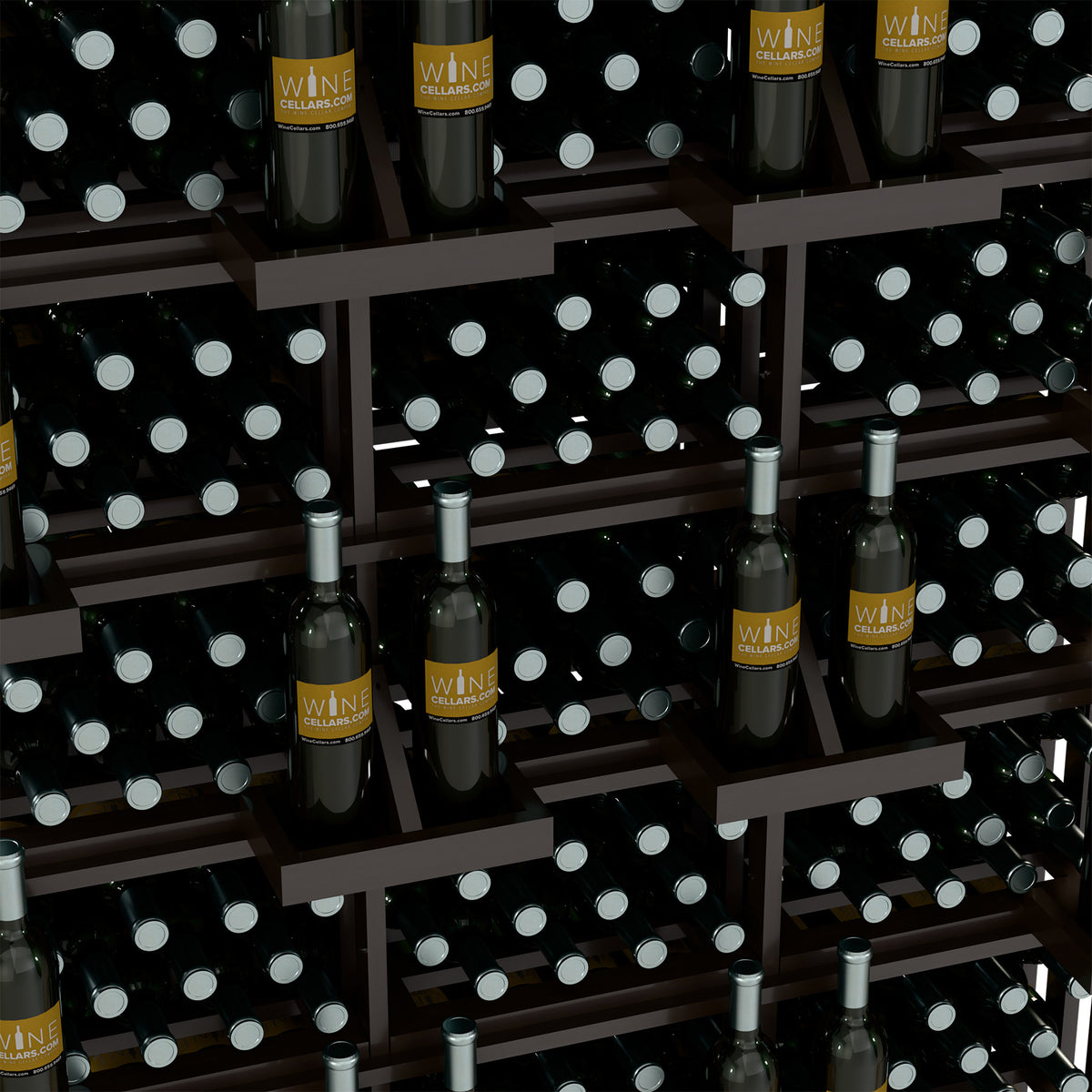 Close-up of wine bottle rack shelves holding dark bottles with gold accents.