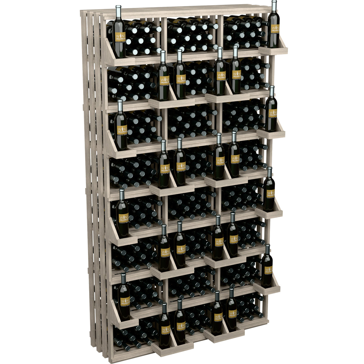 Light gray wood wine bottle wall display with bulk bins, showing multiple bottle rows.