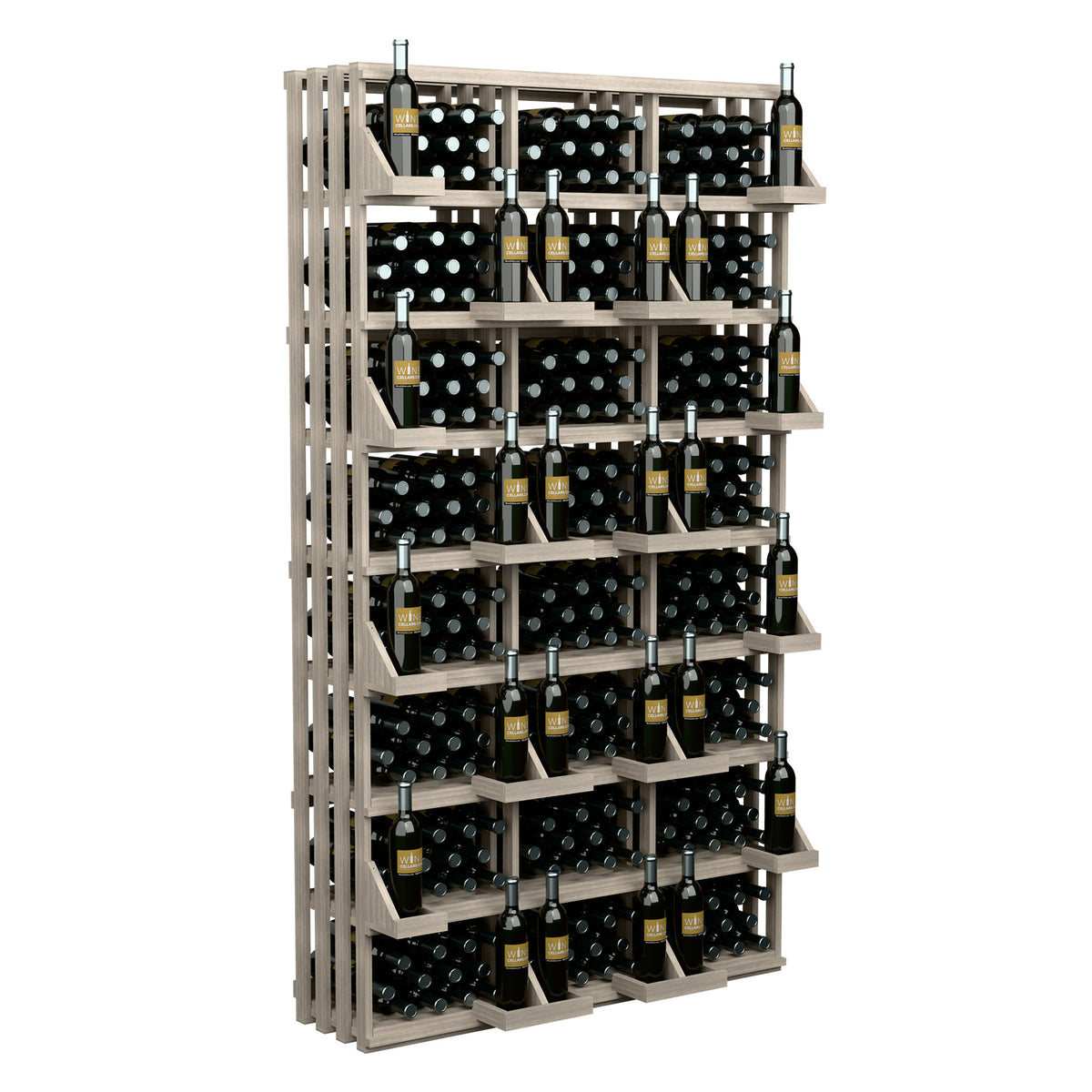 Light beige wooden 312-bottle wine display rack with grid shelves holding bottles