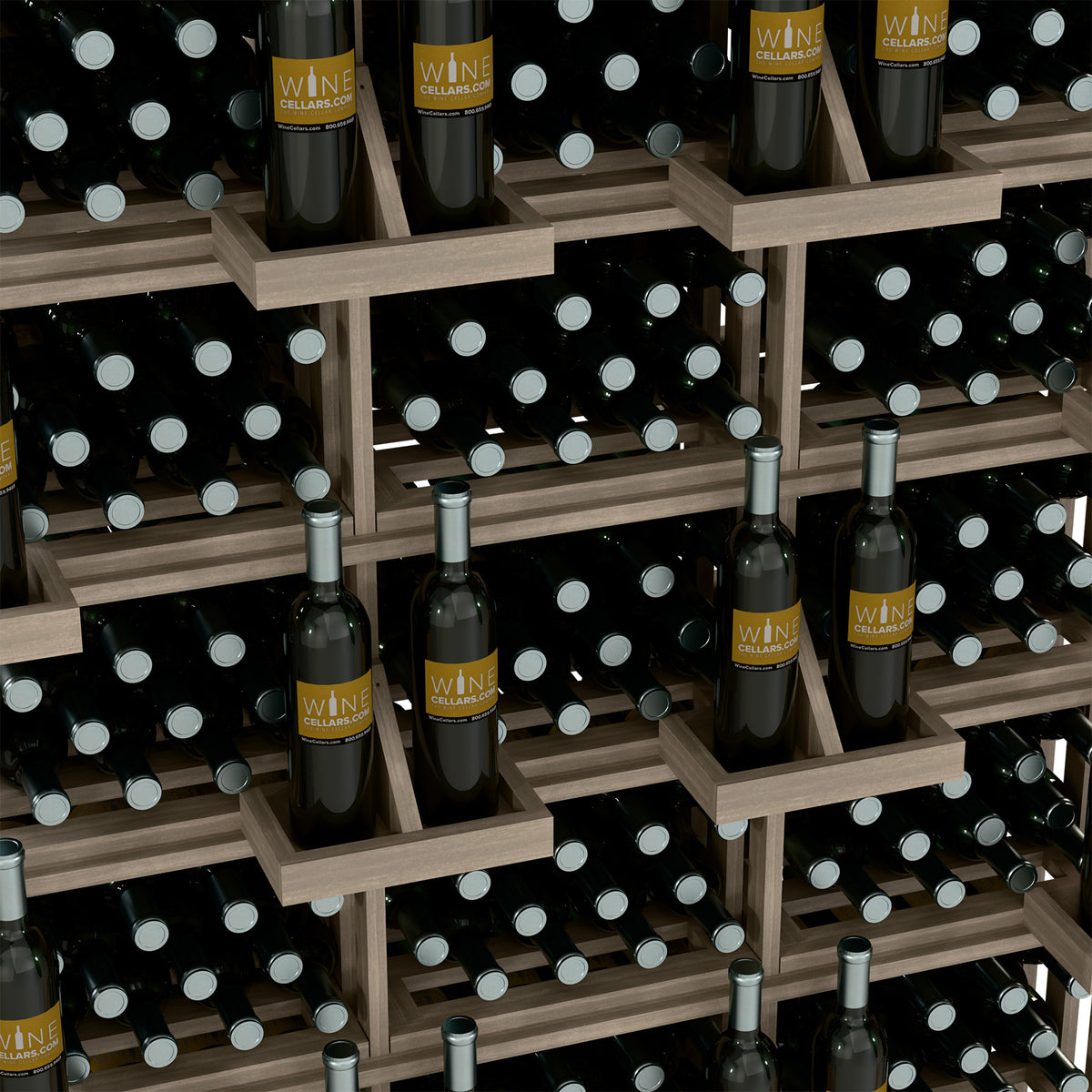 Commercial wall wine display rack close interior view with bottles in front and rear rows
