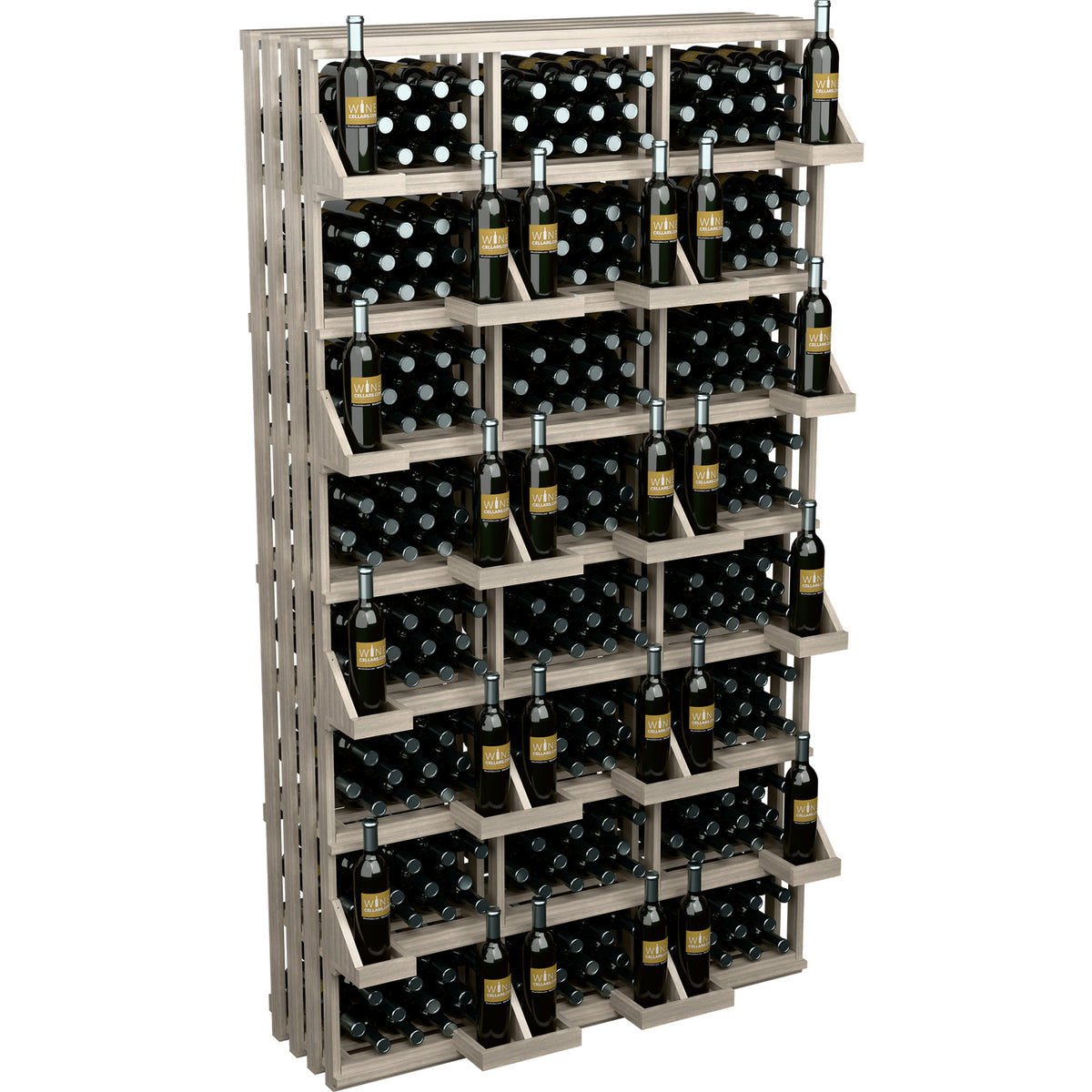 Light wood wine bottle wall display rack with rows of black bottles and wire tops.